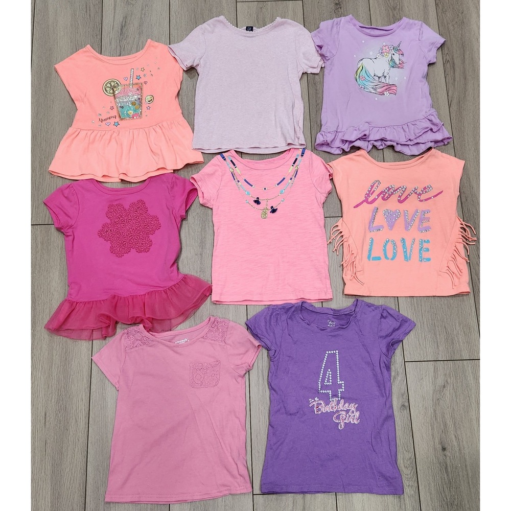 Girls 4T Short Sleeve Shirt Bundle 8pc Gap Carters Unicorn Birthday Pink Purple